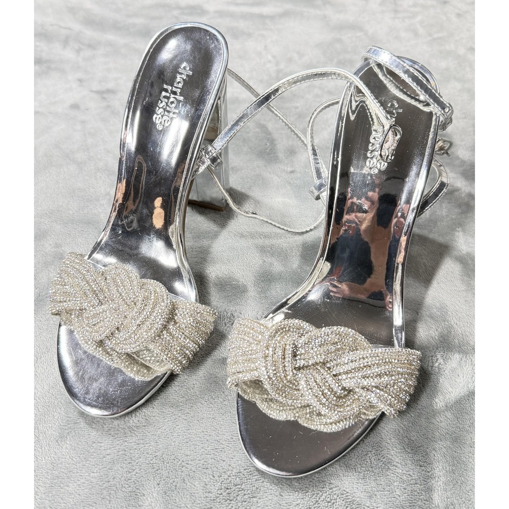 Charlotte Russe Sandals Womens Size 7 Silver Strappy Rhinestone Block Heel